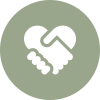 Heart-shaped handshake icon on green circle