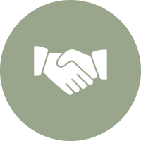 White handshake silhouette in circle